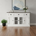White and Black Solid Wood Paneled Three Drawer Buffet Table with Four Glass Doors