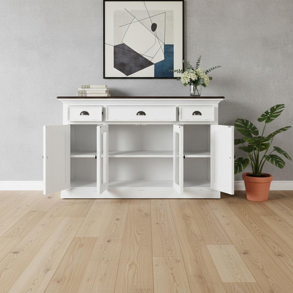 White and Black Solid Wood Paneled Three Drawer Buffet Table with Four Glass Doors