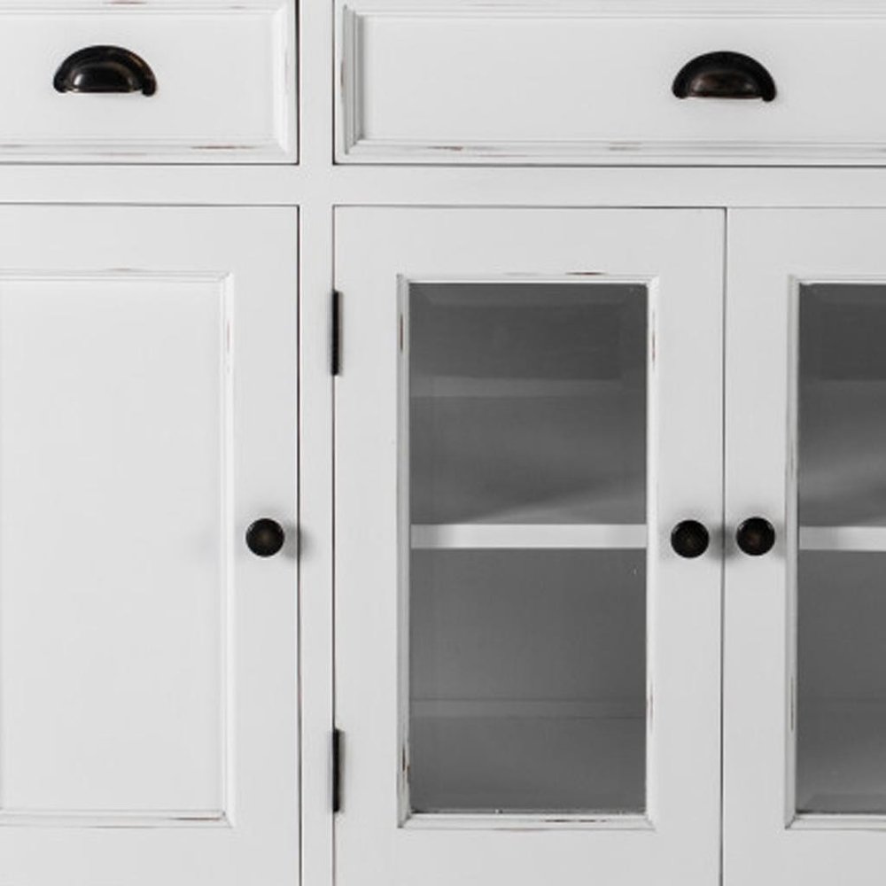 White and Black Solid Wood Paneled Three Drawer Buffet Table with Four Glass Doors
