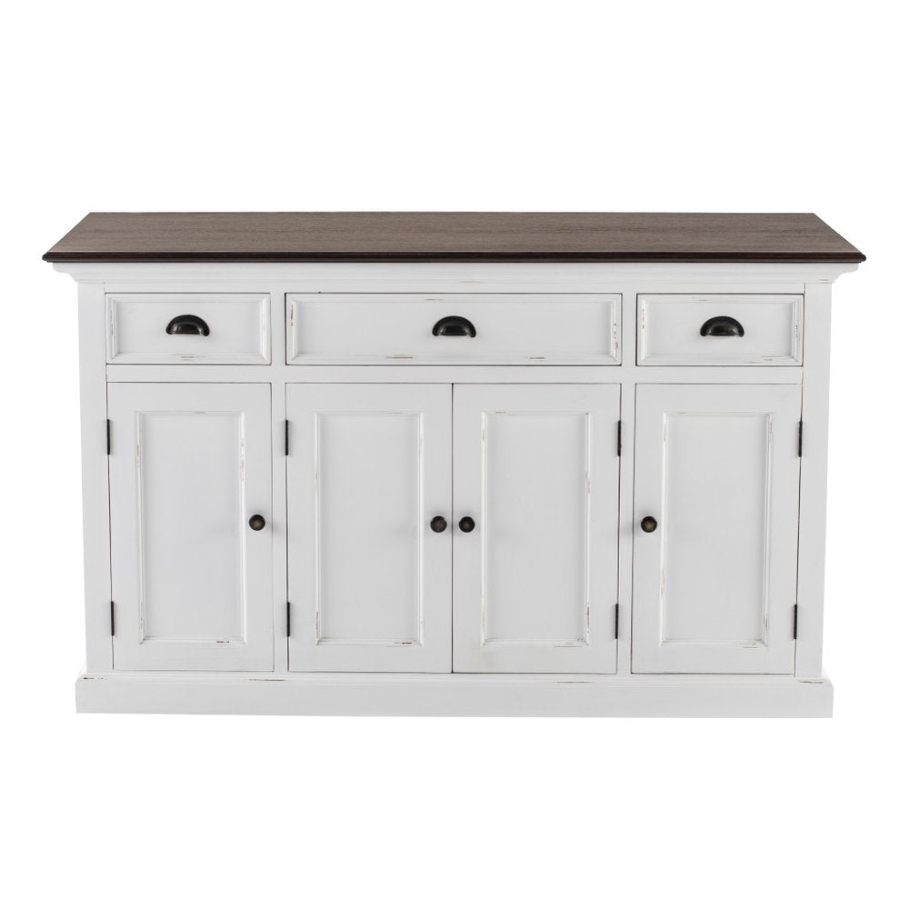 Antiqued White and Brown Distressed Solid Wood Three Drawer Buffet Table with Four Glass Doors