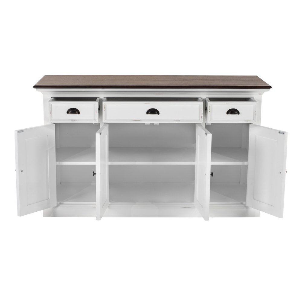 Antiqued White and Brown Distressed Solid Wood Three Drawer Buffet Table with Four Glass Doors