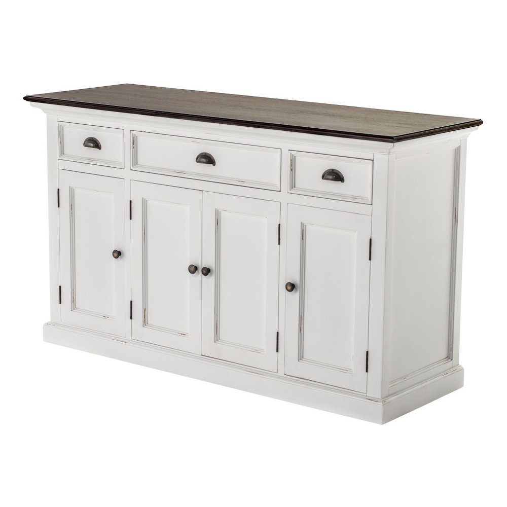 Antiqued White and Brown Distressed Solid Wood Three Drawer Buffet Table with Four Glass Doors