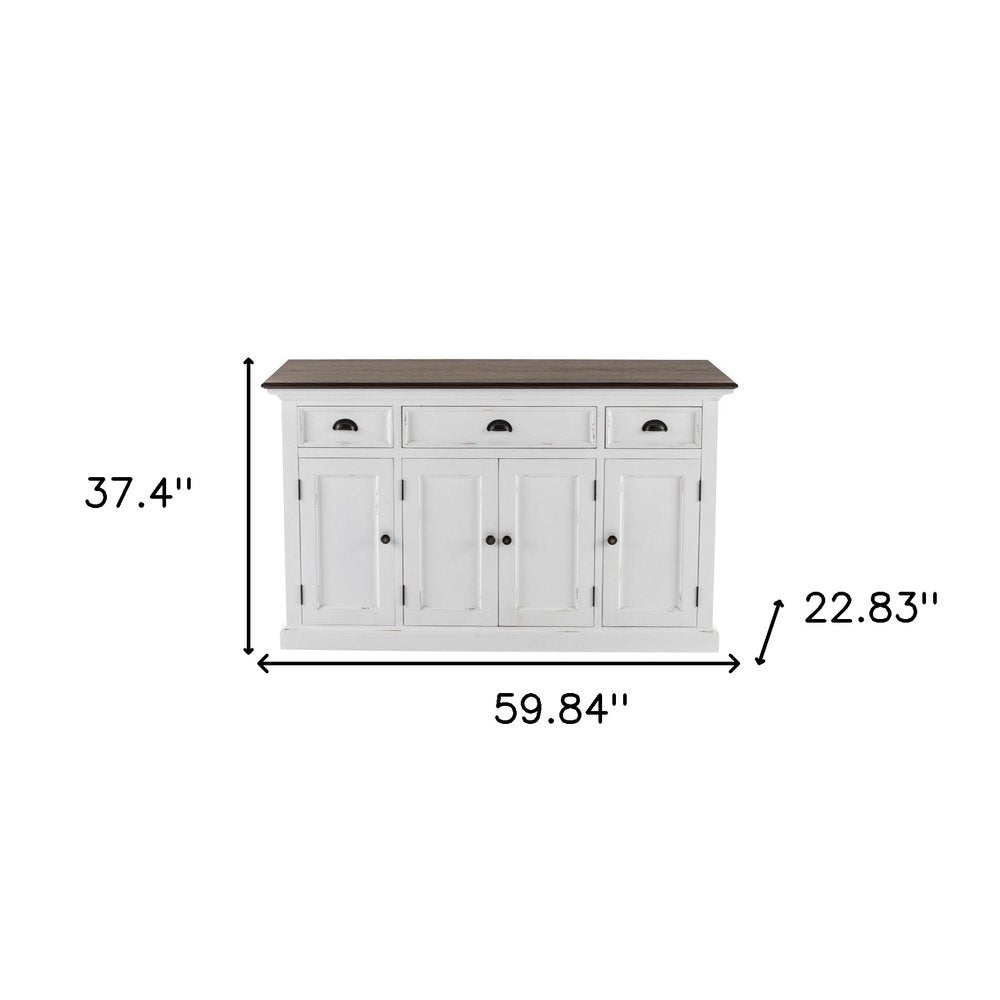 Antiqued White and Brown Distressed Solid Wood Three Drawer Buffet Table with Four Glass Doors