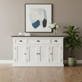 Antiqued White and Brown Distressed Solid Wood Three Drawer Buffet Table with Four Glass Doors