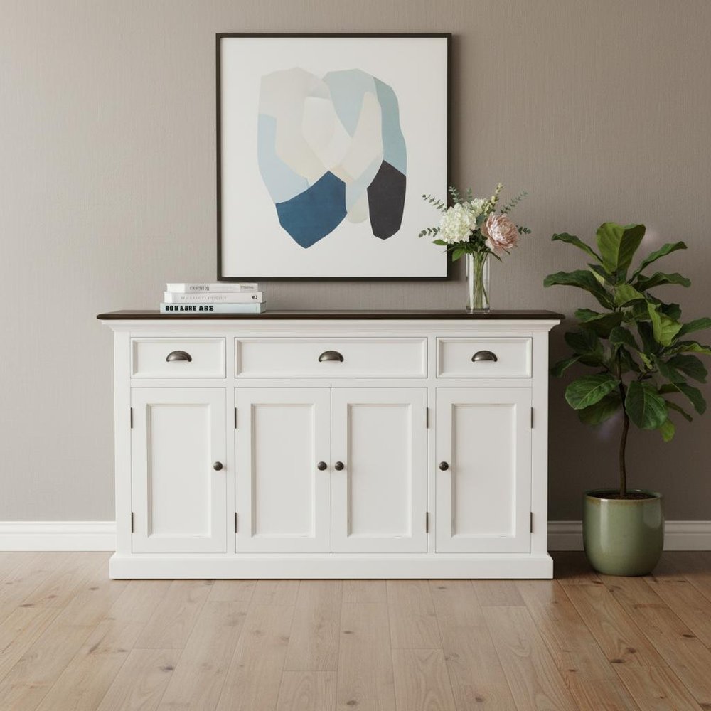 Antiqued White and Brown Distressed Solid Wood Three Drawer Buffet Table with Four Glass Doors