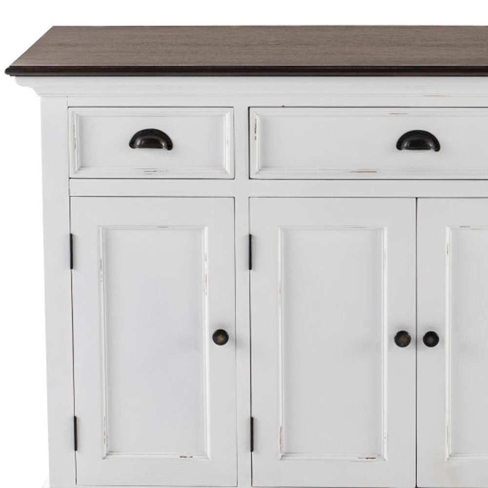 Antiqued White and Brown Distressed Solid Wood Three Drawer Buffet Table with Four Glass Doors