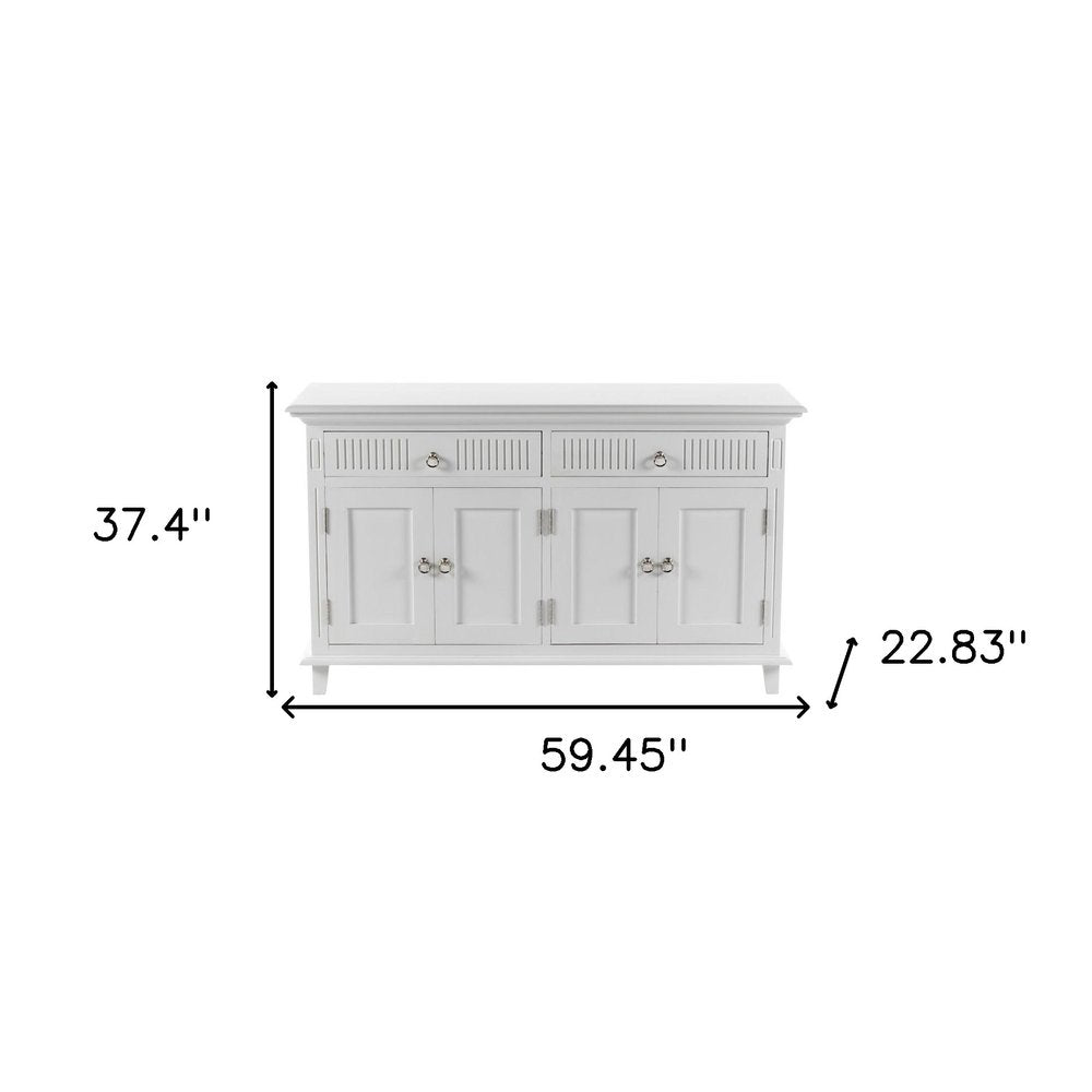 White Solid Wood Paneled Two Drawer Buffet Table with Four Doors - 59-inch