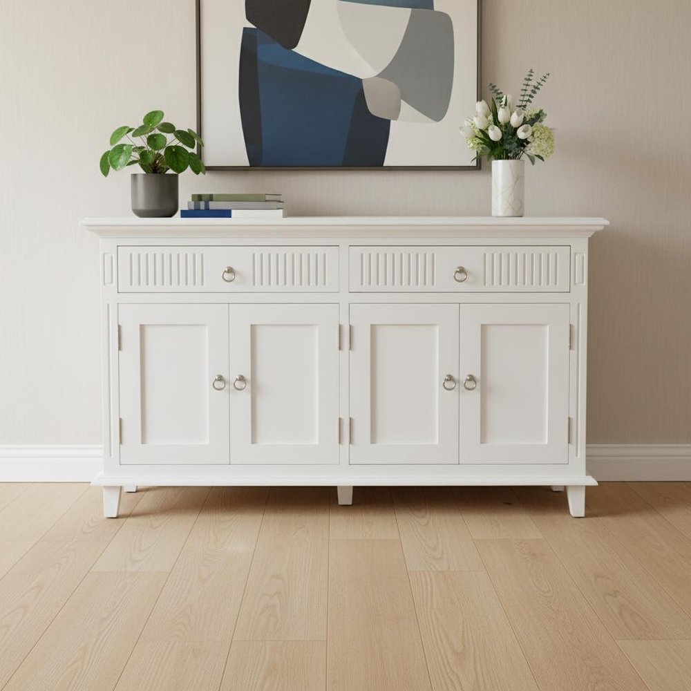 White Solid Wood Paneled Two Drawer Buffet Table with Four Doors - 59-inch