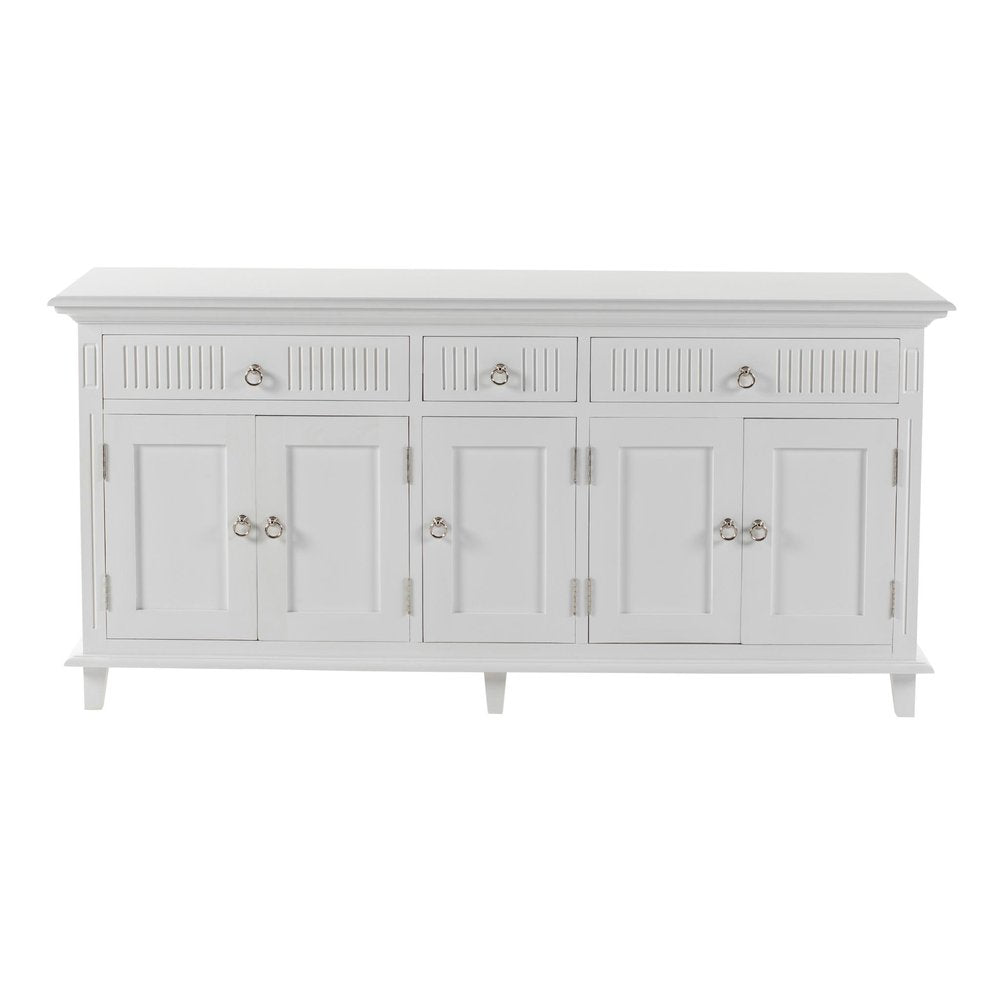Antiqued White Solid Wood Three Drawer Buffet Table with Five Doors - 74-inch
