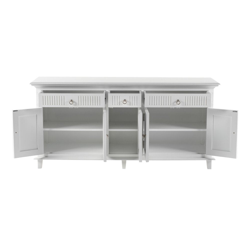 Antiqued White Solid Wood Three Drawer Buffet Table with Five Doors - 74-inch