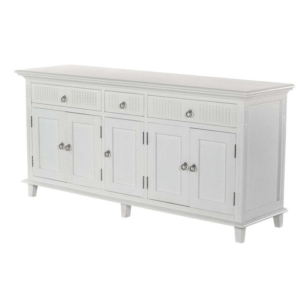 Antiqued White Solid Wood Three Drawer Buffet Table with Five Doors - 74-inch