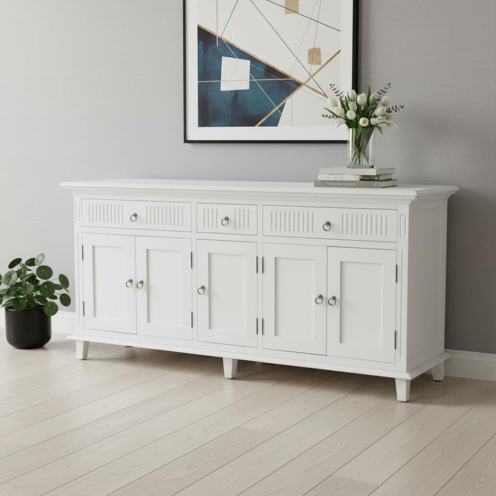 Antiqued White Solid Wood Three Drawer Buffet Table with Five Doors - 74-inch