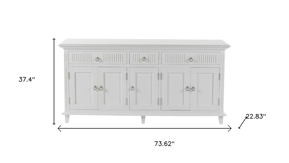 Antiqued White Solid Wood Three Drawer Buffet Table with Five Doors - 74-inch