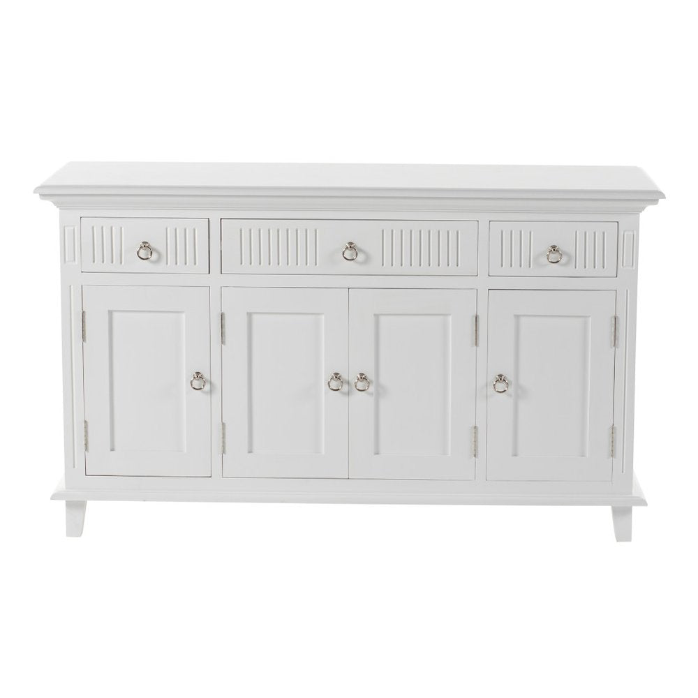 White Solid Wood Paneled Three Drawer Buffet Table with Four Doors - 59-inch