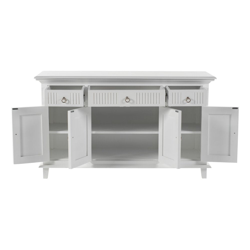 White Solid Wood Paneled Three Drawer Buffet Table with Four Doors - 59-inch