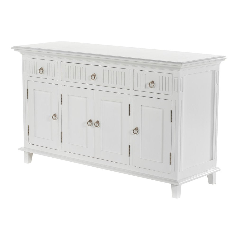 White Solid Wood Paneled Three Drawer Buffet Table with Four Doors - 59-inch