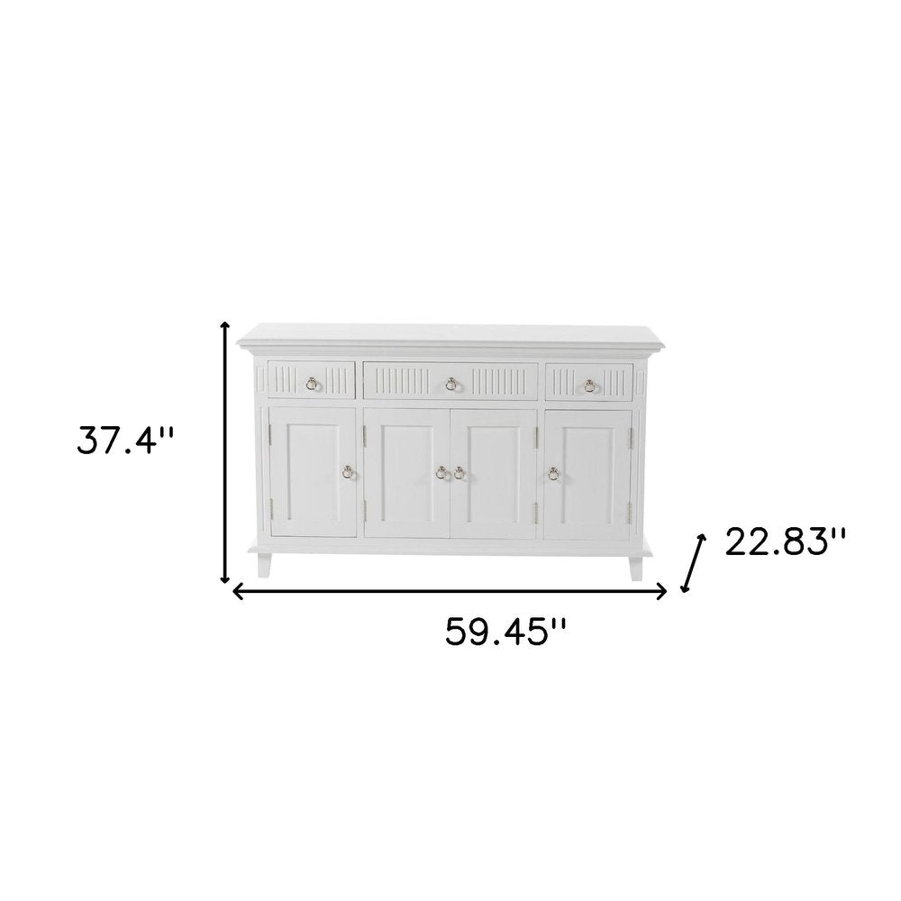 White Solid Wood Paneled Three Drawer Buffet Table with Four Doors - 59-inch