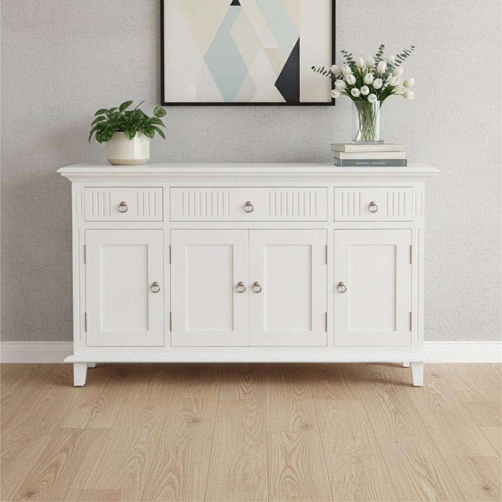 White Solid Wood Paneled Three Drawer Buffet Table with Four Doors - 59-inch
