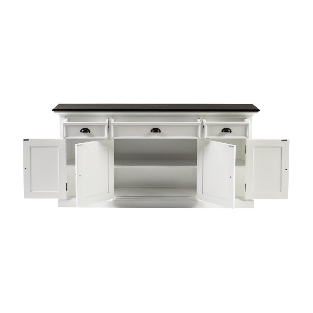 Antiqued White Solid Wood Three Drawer Buffet Table with Four Doors - 65-inch