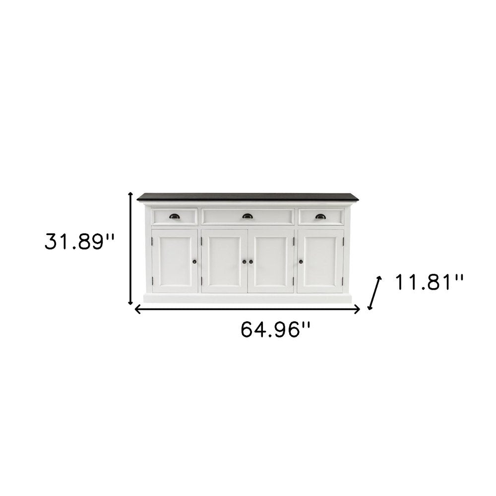 Antiqued White Solid Wood Three Drawer Buffet Table with Four Doors - 65-inch