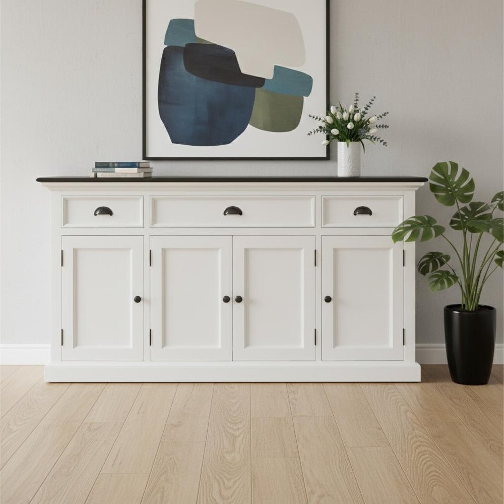 Antiqued White Solid Wood Three Drawer Buffet Table with Four Doors - 65-inch
