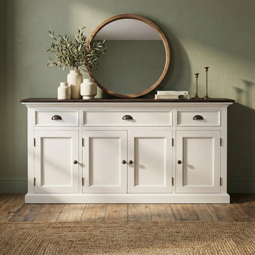 Antiqued White Solid Wood Three Drawer Buffet Table with Four Doors - 65-inch