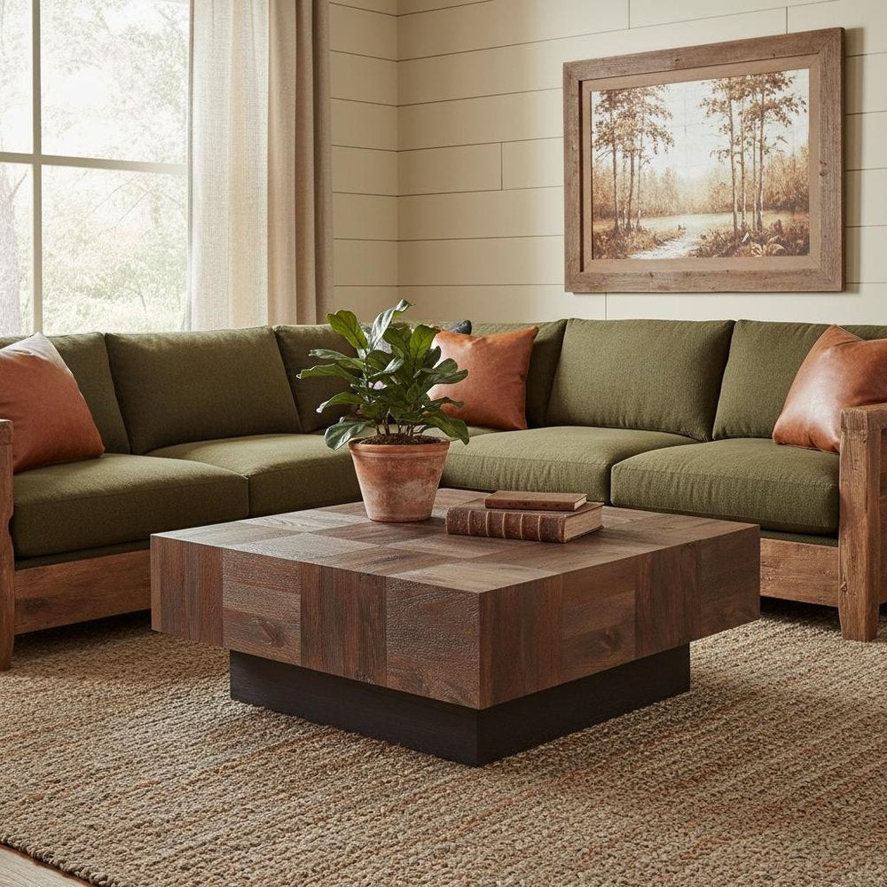Dark Brown and Black Solid Wood Square Block Coffee Table - 40-inch