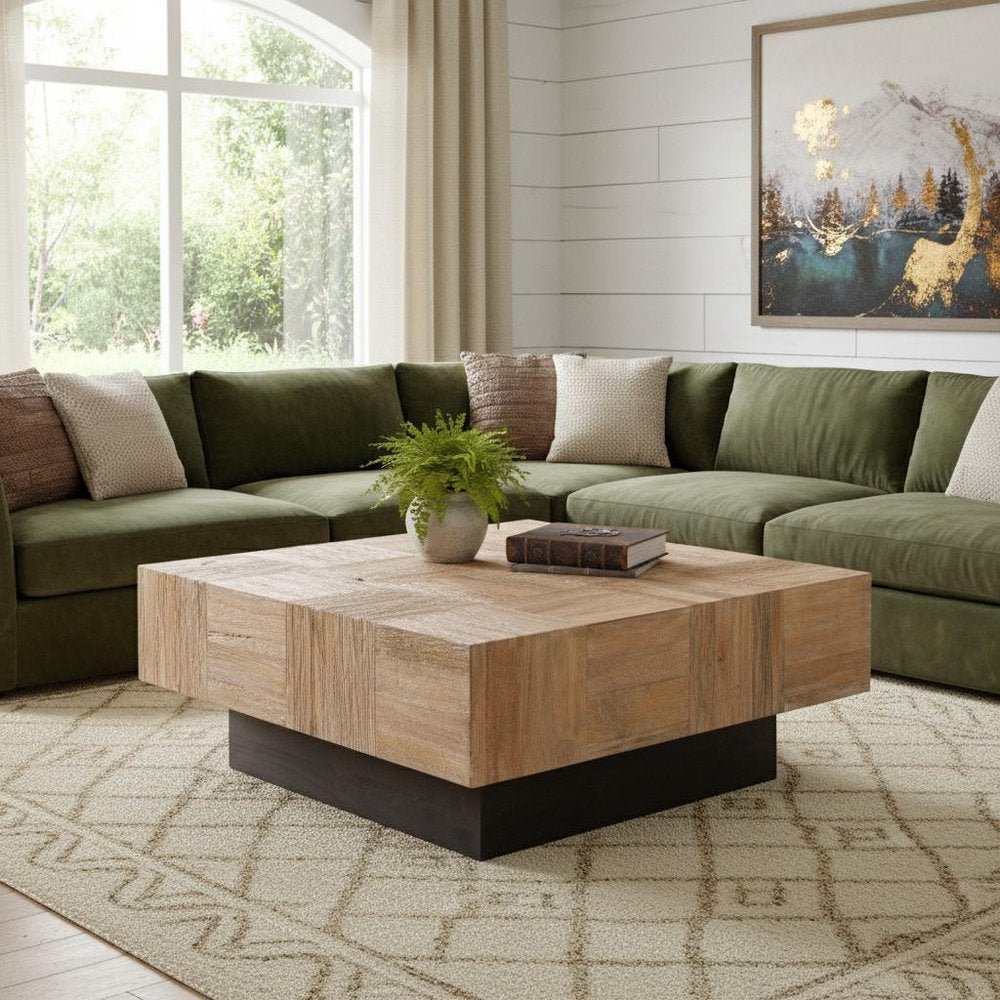 Brown and Black Solid Wood Square Block Coffee Table - 40-inch