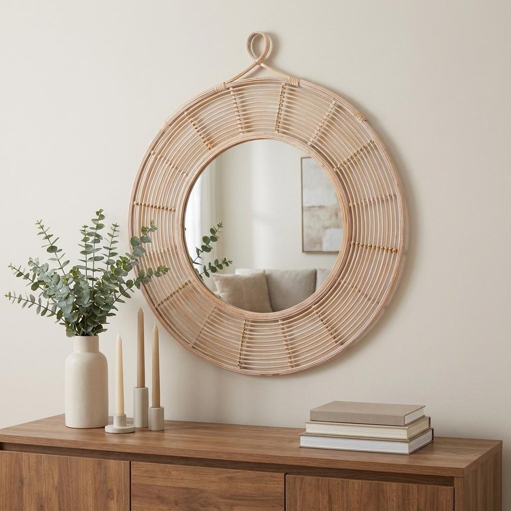 Natural Round Framed Accent Mirror - 37-inch