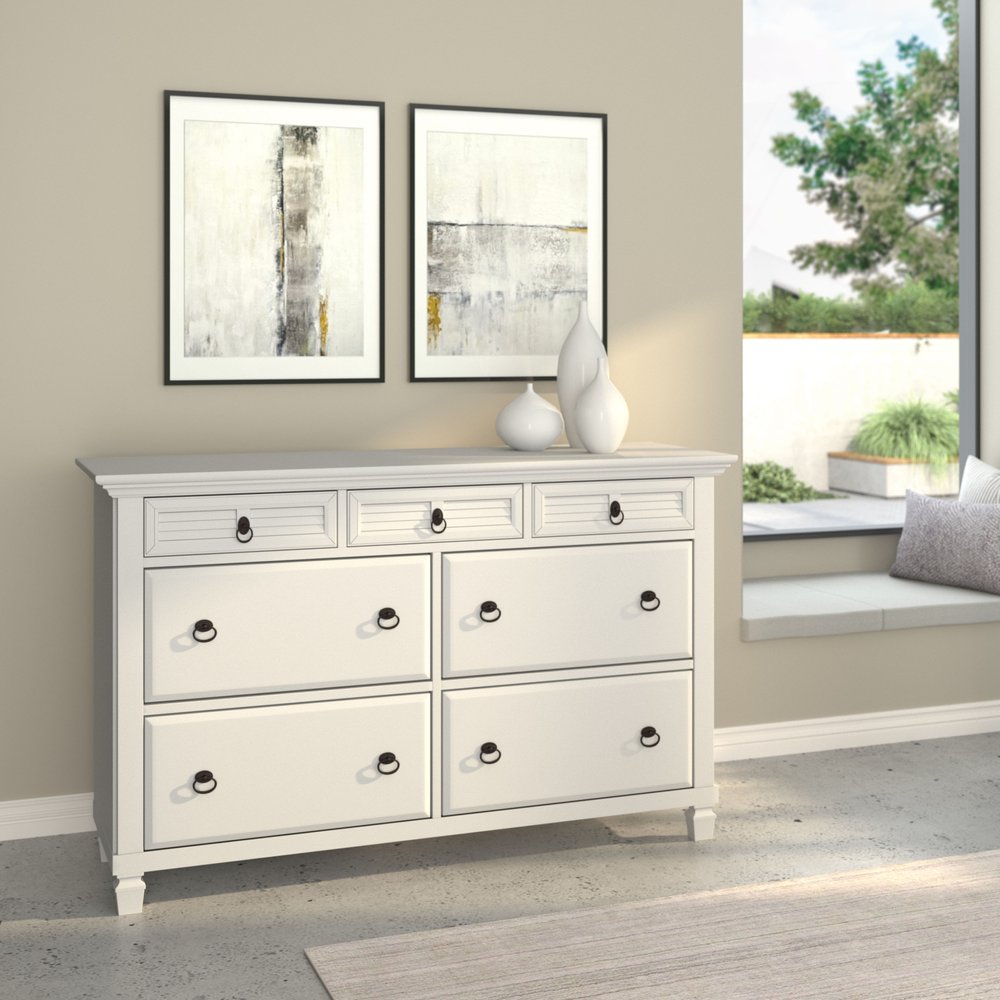 White Solid Wood Seven Drawer Double Dresser - 62-inch