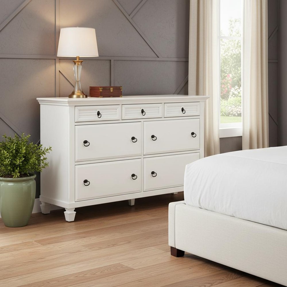 White Solid Wood Seven Drawer Double Dresser - 62-inch
