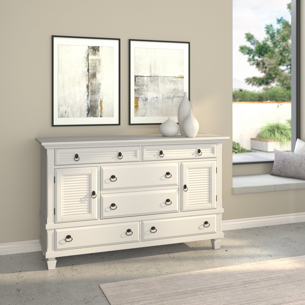 White Solid Wood Six Drawer Double Dresser - 62-inch