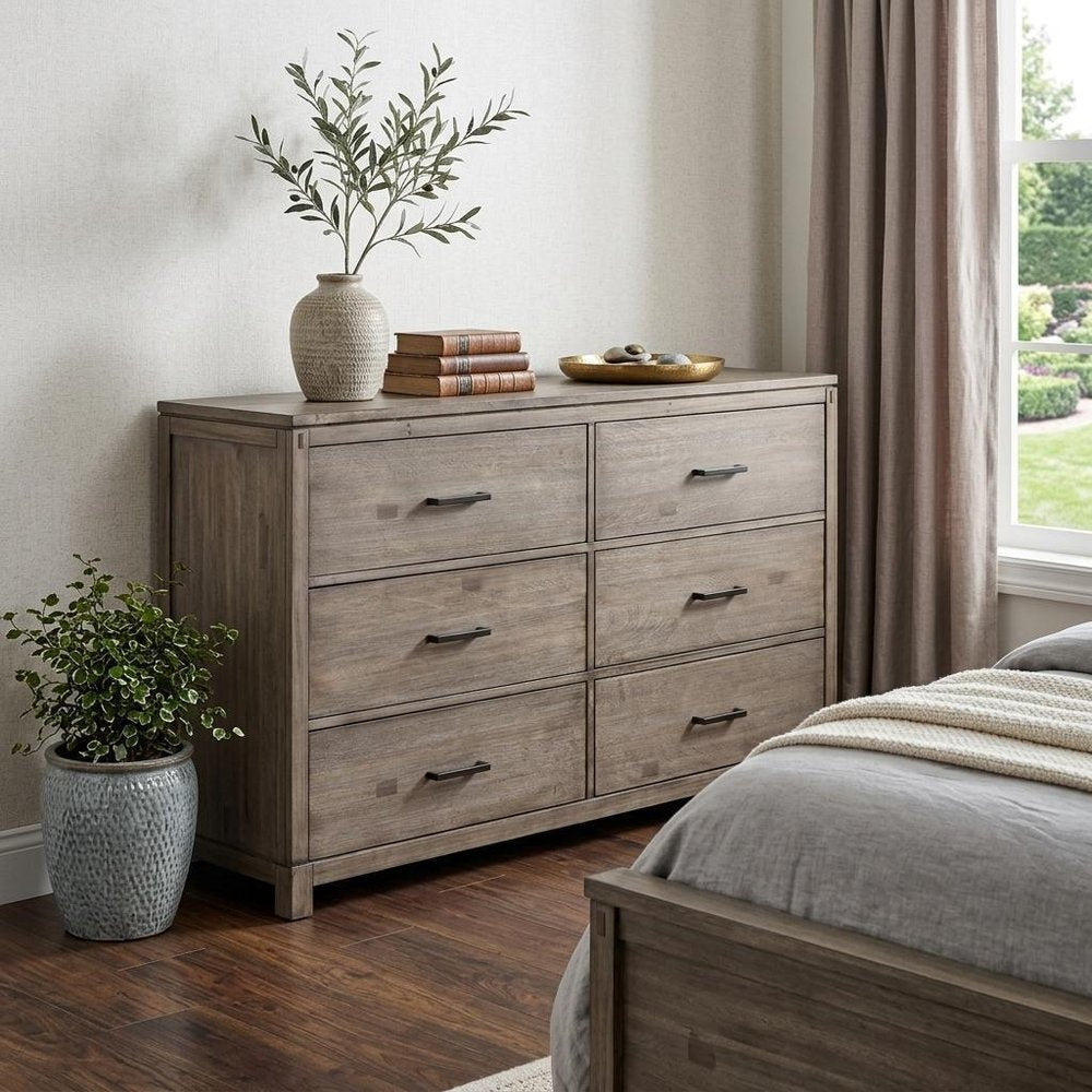 Gray Solid Wood Six Drawer Double Dresser - 60-inch