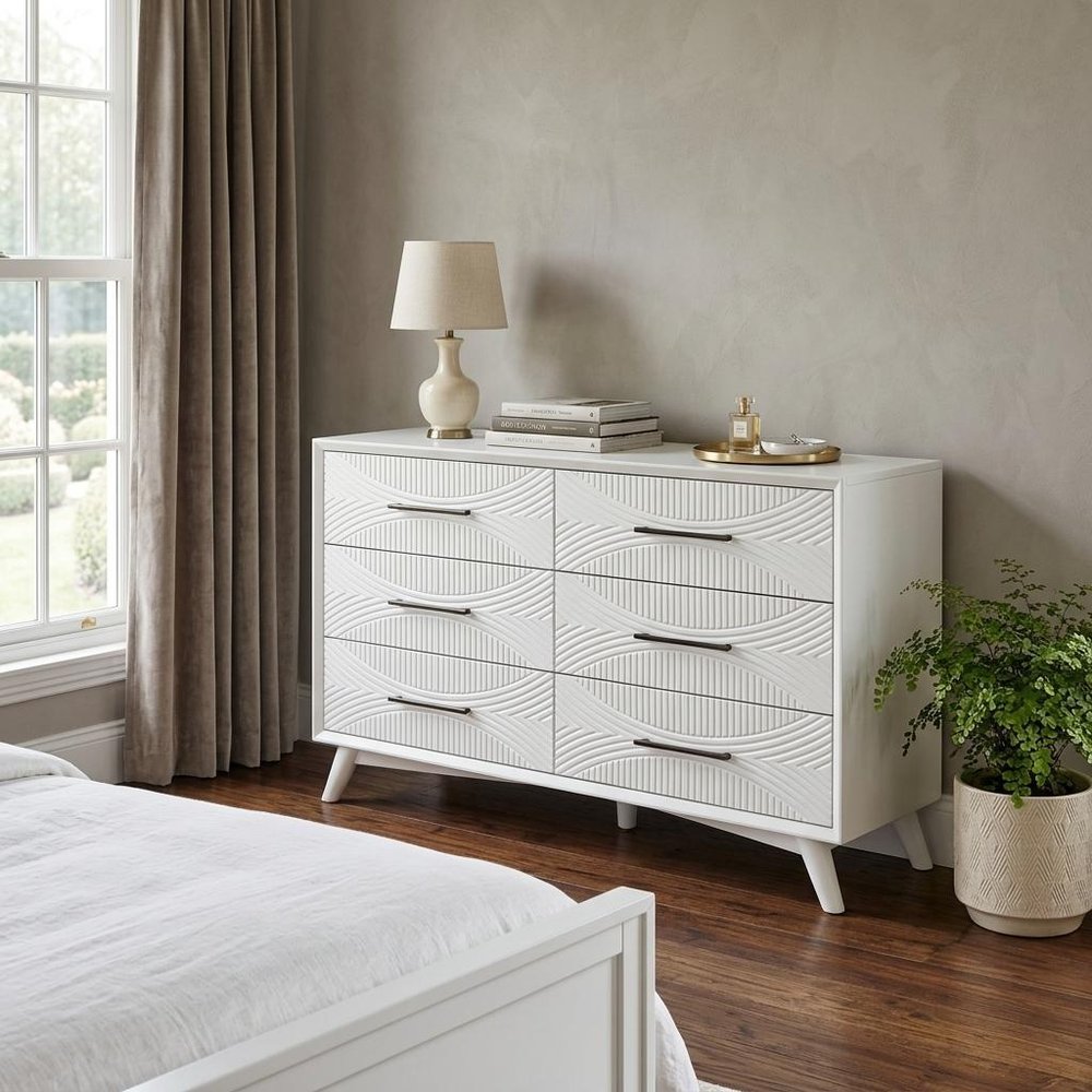 White Solid Wood Six Drawer Double Dresser - 56-inch