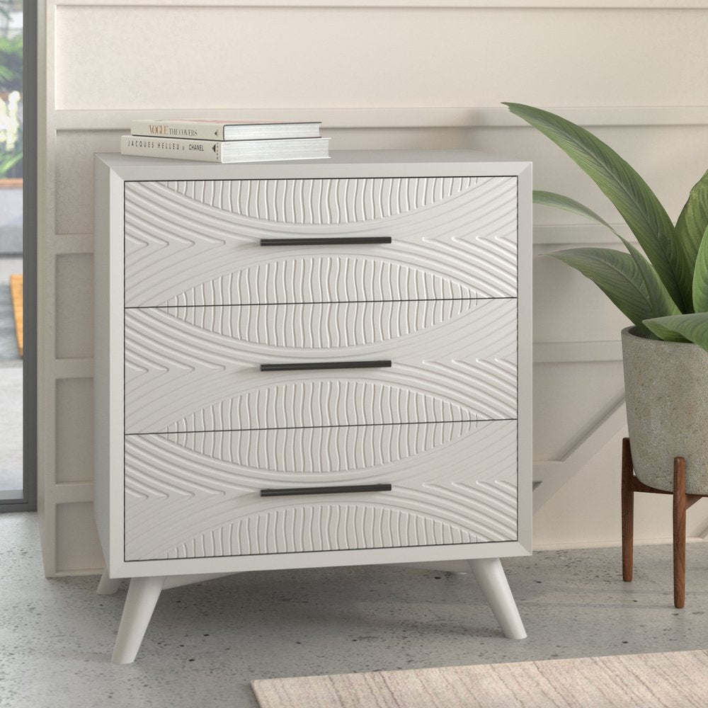 White Carved Geometric Solid Wood Three Drawer Dresser - 34-inch