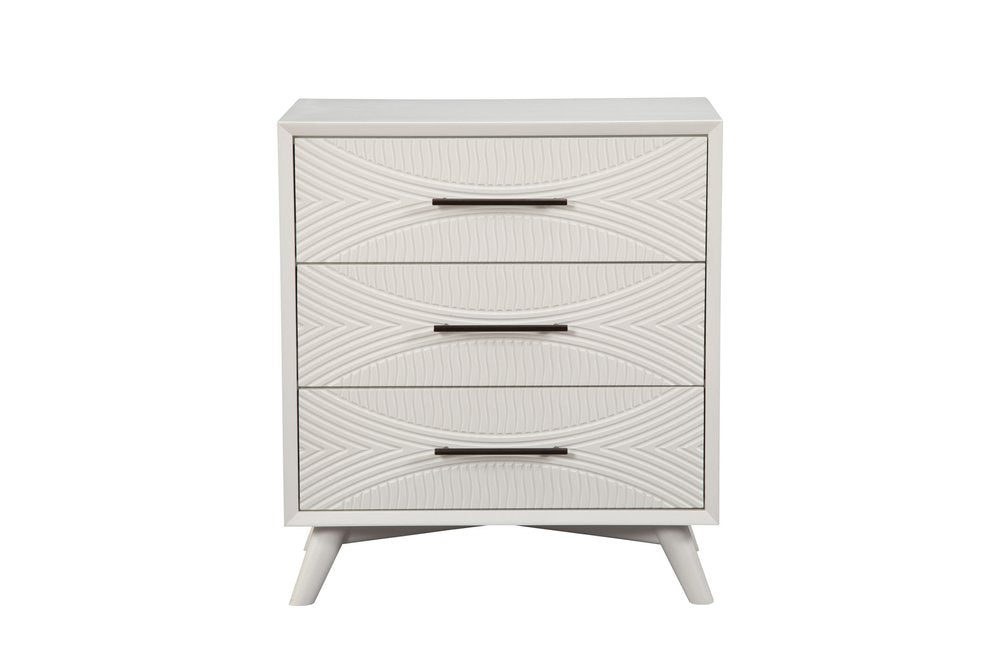 White Carved Geometric Solid Wood Three Drawer Dresser - 34-inch