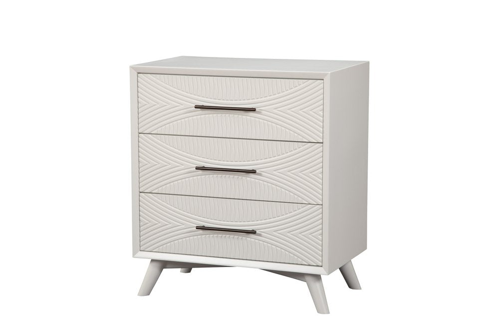 White Carved Geometric Solid Wood Three Drawer Dresser - 34-inch