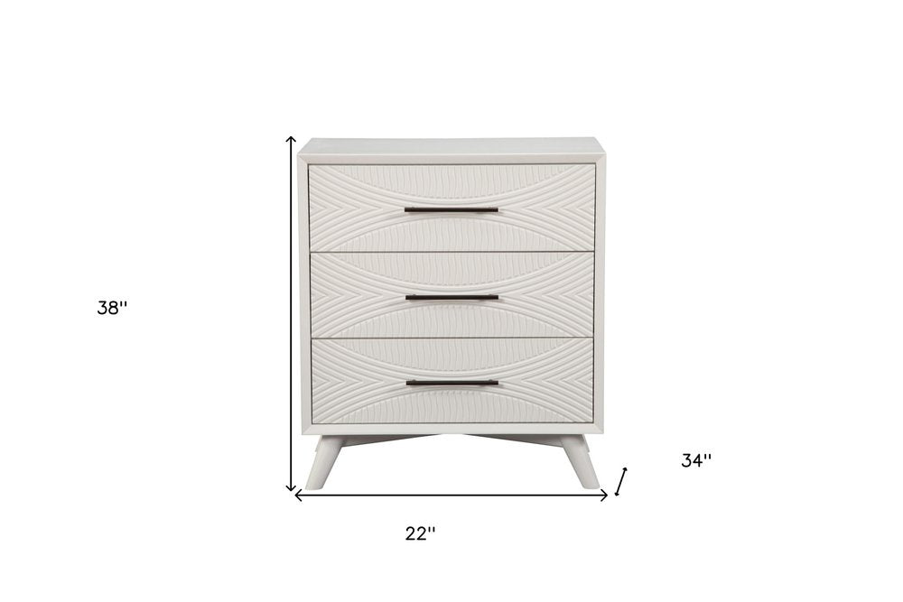 White Carved Geometric Solid Wood Three Drawer Dresser - 34-inch