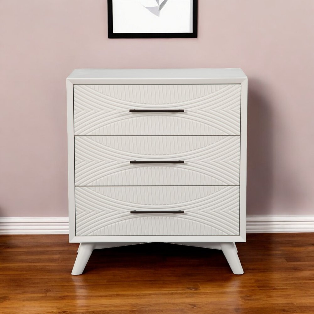 White Carved Geometric Solid Wood Three Drawer Dresser - 34-inch