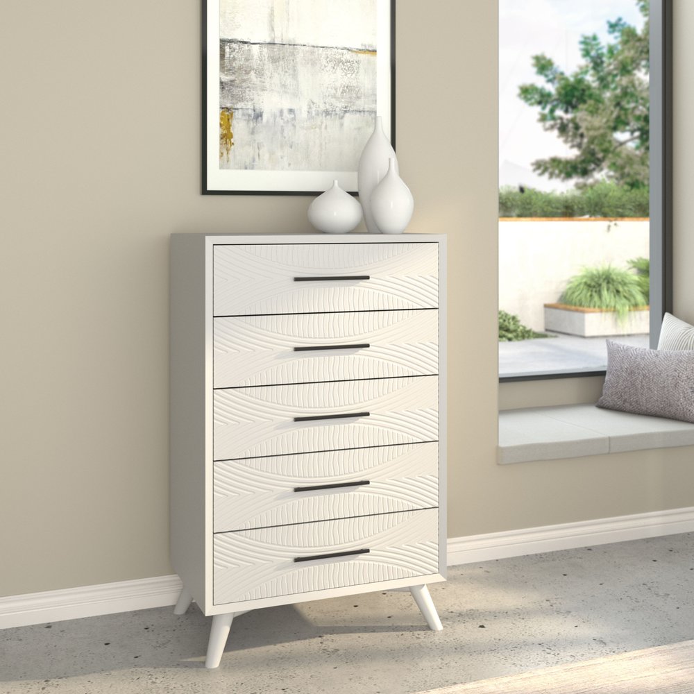 White Carved Geometric Solid Wood Five Drawer Dresser - 34-inch