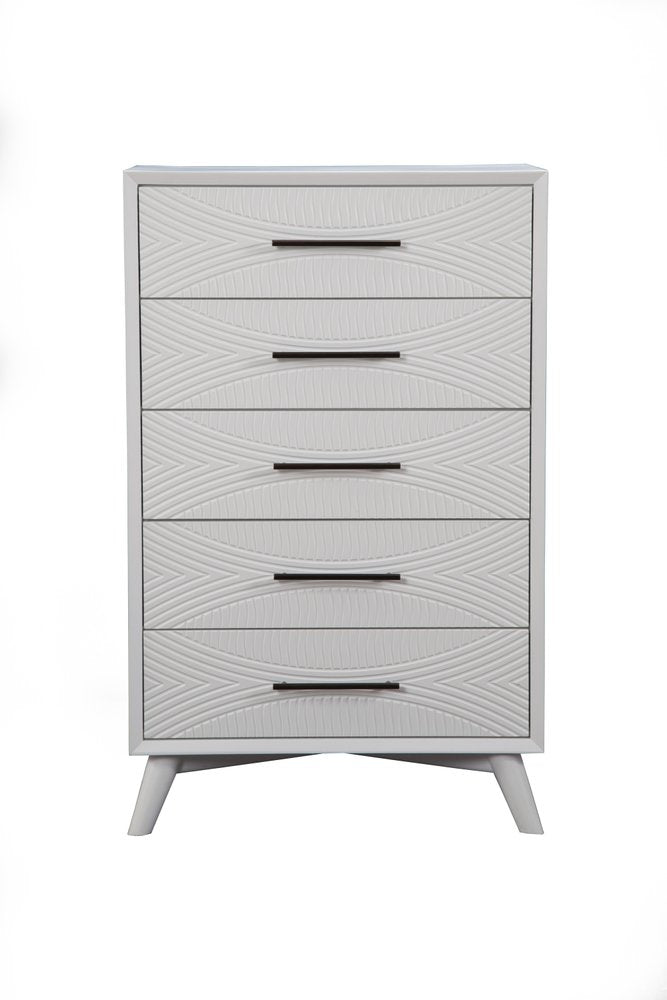 White Carved Geometric Solid Wood Five Drawer Dresser - 34-inch