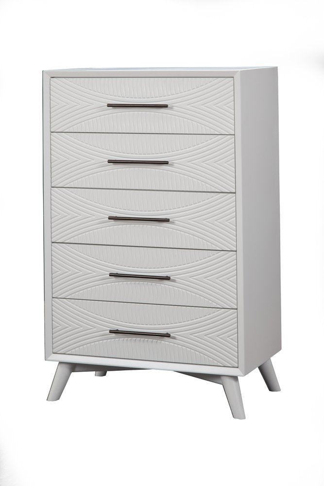 White Carved Geometric Solid Wood Five Drawer Dresser - 34-inch