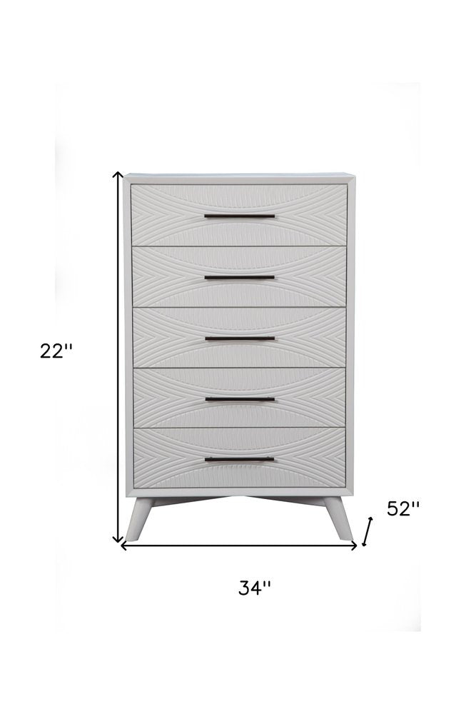 White Carved Geometric Solid Wood Five Drawer Dresser - 34-inch