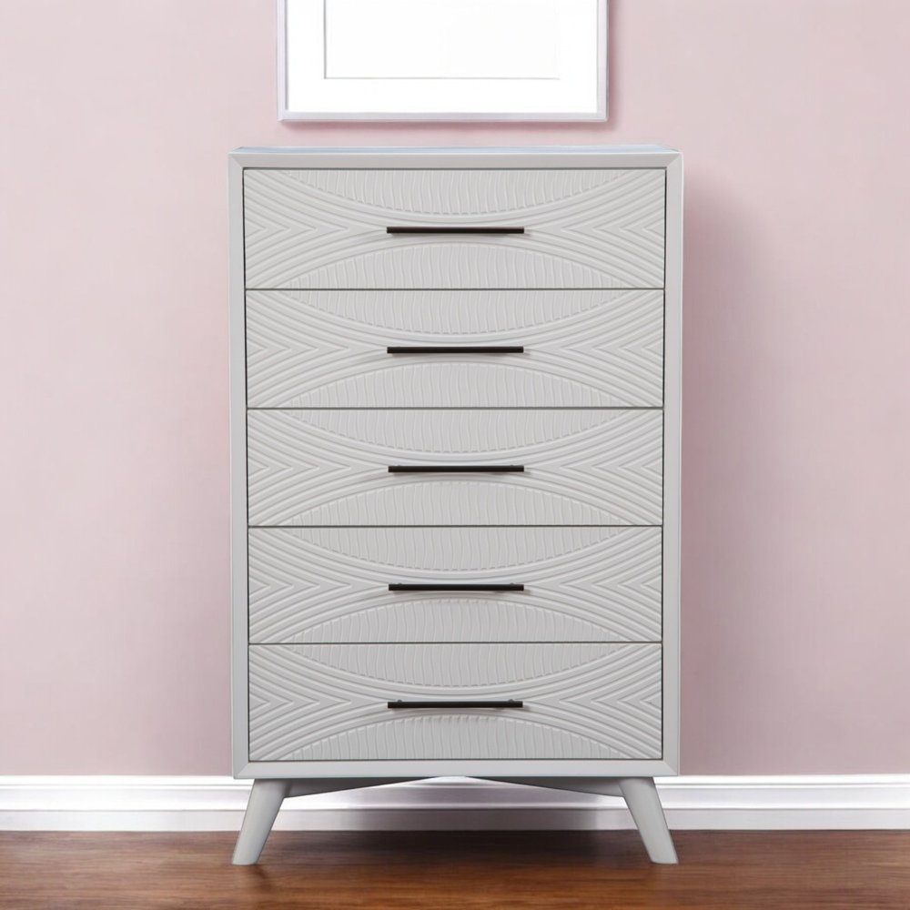 White Carved Geometric Solid Wood Five Drawer Dresser - 34-inch
