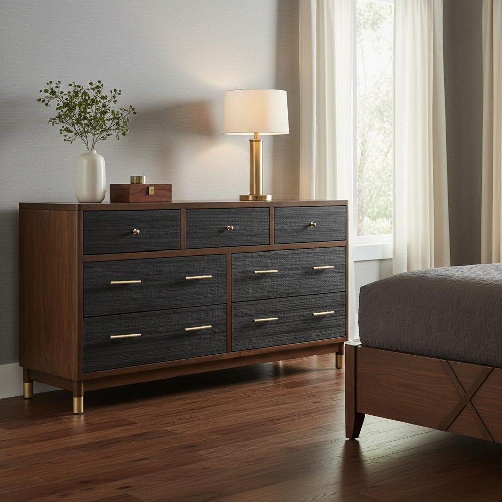 Brown and Black Solid Wood Seven Drawer Double Dresser - 62-inch