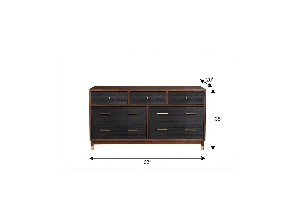 Brown and Black Solid Wood Seven Drawer Double Dresser - 62-inch