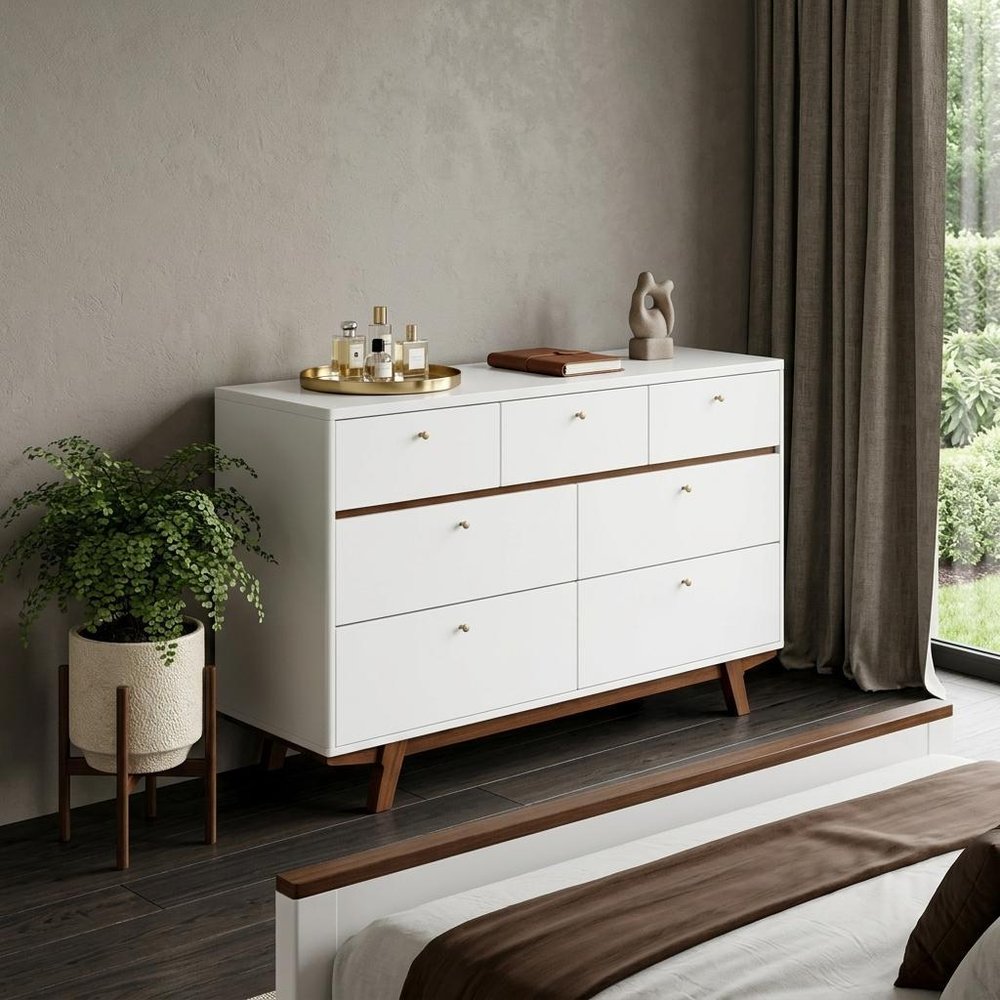 Brown and White Solid Wood Seven Drawer Double Dresser - 56-inch