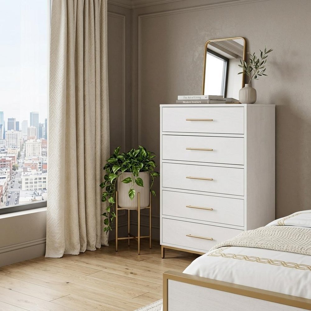 White Solid Wood Five Drawer Dresser - 30-inch