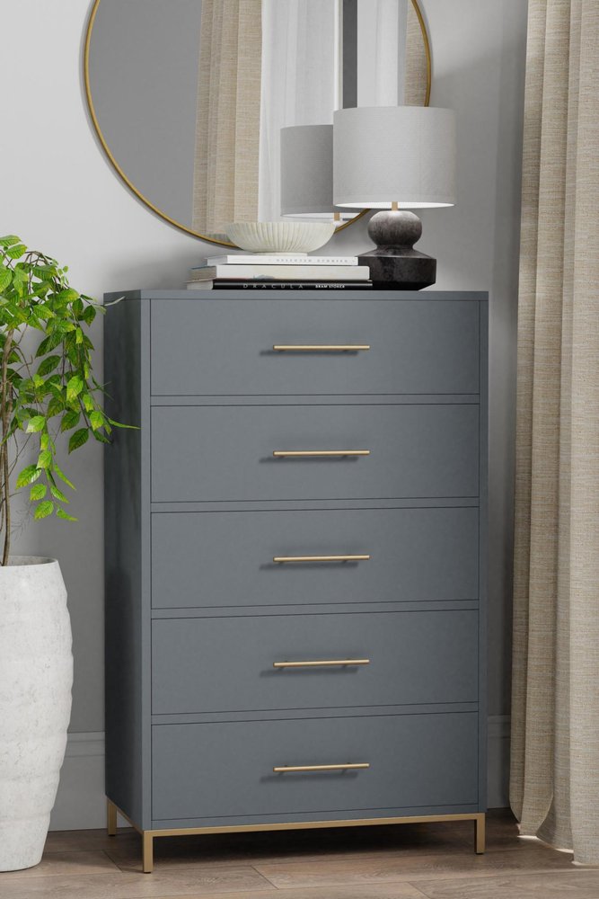 Gray Solid Wood Five Drawer Dresser - 33-inch