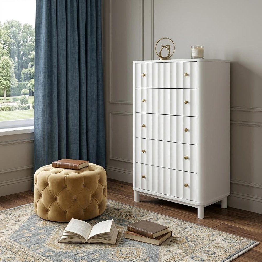White Solid Wood Five Drawer Dresser - 28-inch